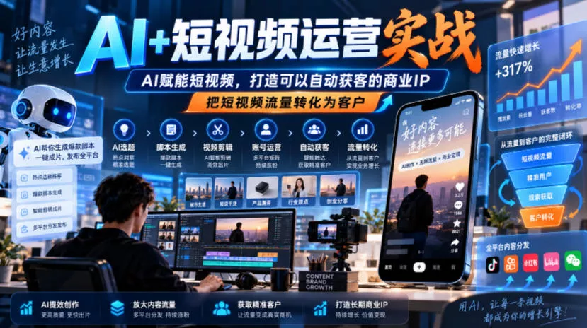 AI+短视频运营实战，AI赋能短视频，打造可以自动获客的商业IP，把短视频流量转化为客户