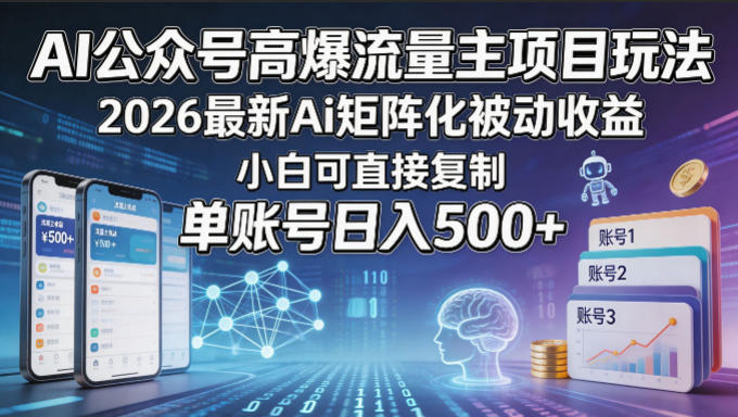 AI公众号高爆流量主项目玩法，2026最新Ai矩阵化被动收益，小白可直接复制，单账号日入500+客创社区-专注互联网轻资产资源整合与分享客创社区-专注互联网轻资产资源整合与分享
