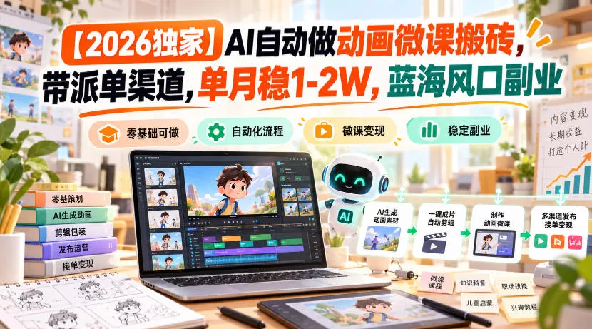 【2026独家】AI自动做动画微课搬砖，带派单渠道，单月稳1-2W，蓝海风口副业【揭秘】客创社区-专注互联网轻资产资源整合与分享客创社区-专注互联网轻资产资源整合与分享