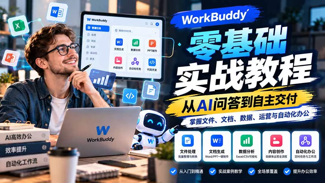 WorkBuddy零基础实战教程：从AI问答到自主交付，掌握文件、文档、数据、运营与自动化办公-鱼见海资源网-免费PHP网站源码模板,插件软件网创AI智能体资源分享平台！