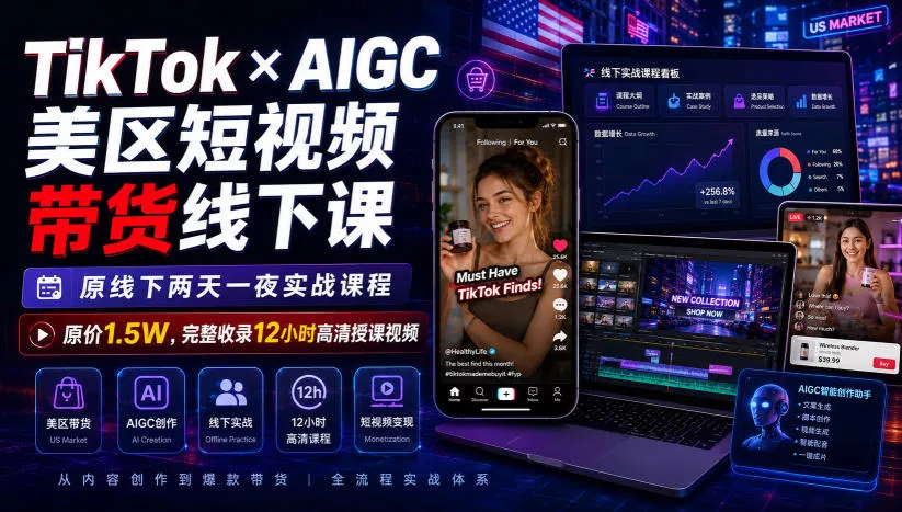 TikTok×AIGC美区短视频带货线下课，原线下两天一夜实战课程，原价1.5W，完整收录12小时高清授课视频-鱼见海资源网-免费PHP网站源码模板,插件软件网创AI智能体资源分享平台！