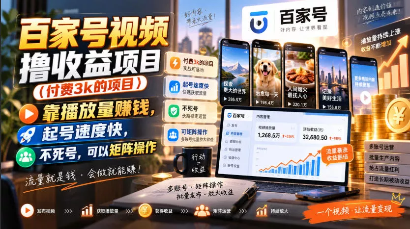 百家号视频撸收益项目(付费3k的项目)，靠播放量賺钱，起号速度快，不死号，可以矩阵操作-鱼见海资源网-免费PHP网站源码模板,插件软件网创AI智能体资源分享平台！