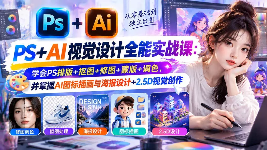【无水印】PS+AI视觉设计全能实战课：学会PS排版+抠图+修图