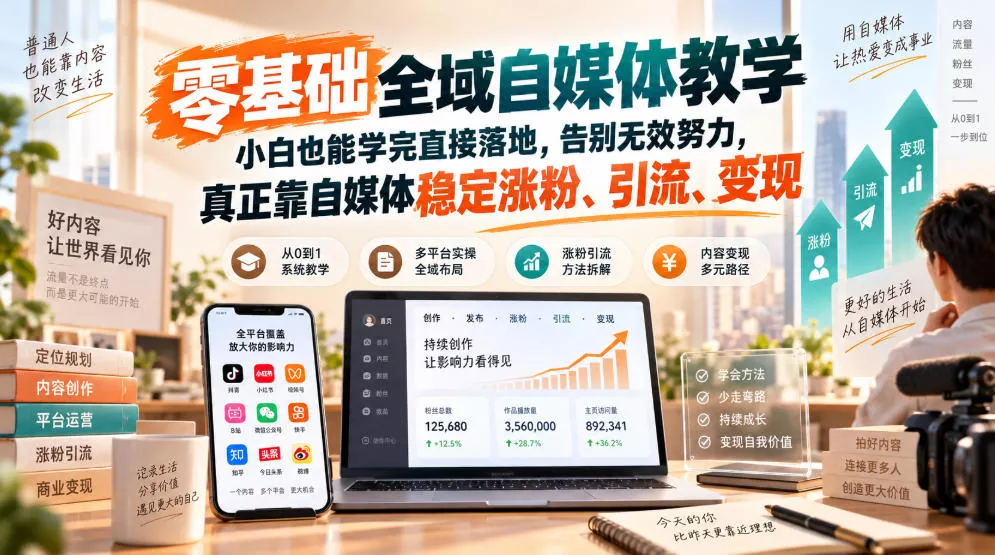 零基础全域自媒体教学，小白也能学完直接落地，告别无效努力，真正靠自媒体稳定涨粉、引流、变现 《鱼见海科技》-鱼见海资源网-免费PHP网站源码模板,插件软件网创AI智能体资源分享平台！