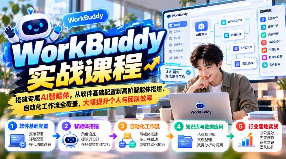 WorkBuddy实战课程，搭建专属AI智能体，从软件基础配置到高阶智能体搭建、自动化工作流全覆盖，大幅提升个人与团队效率客创社区-专注互联网轻资产资源整合与分享客创社区-专注互联网轻资产资源整合与分享
