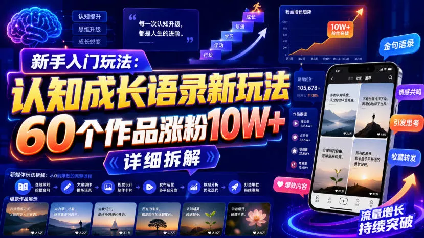 新手入门玩法：认知成长语录新玩法，60个作品涨粉10W+，详细拆解 《鱼见海科技》-鱼见海资源网-免费PHP网站源码模板,插件软件网创AI智能体资源分享平台！