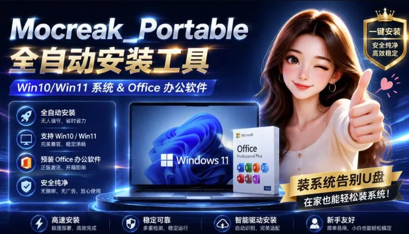 Mocreak全自动安装office和win10、win11系统，告别U盘装系统，使用安全可靠 《鱼见海科技》-鱼见海资源网-免费PHP网站源码模板,插件软件网创AI智能体资源分享平台！