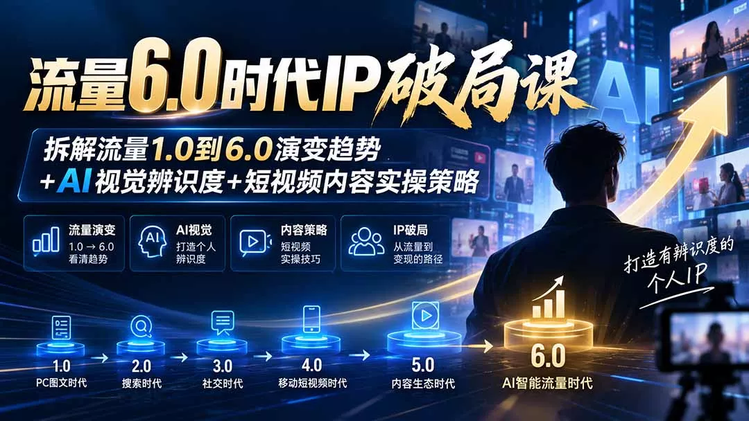 流量6.0时代IP破局课：拆解流量1.0到6.0演变趋势+AI视觉辨识度+短视频内容实操策略-鱼见海资源网-免费PHP网站源码模板,插件软件网创AI智能体资源分享平台！
