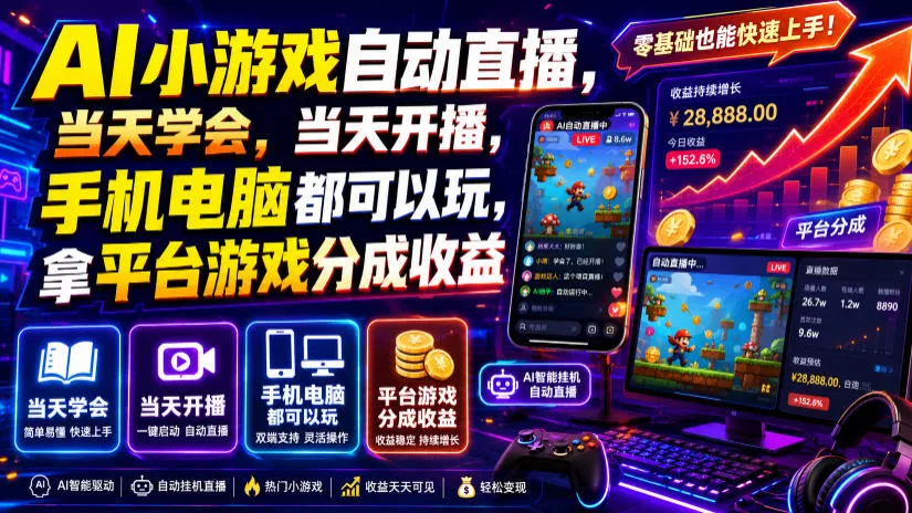 AI小游戏自动直播，当天学会，当天开播，手机电脑都可以玩，拿平台游戏分成收益 《鱼见海科技》-鱼见海资源网-免费PHP网站源码模板,插件软件网创AI智能体资源分享平台！