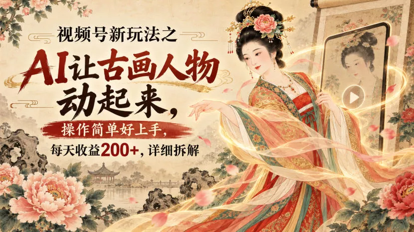 视频号新玩法之AI让古画人物动起来，操作简单好上手，每天收益200+，详细拆解客创社区-专注互联网轻资产资源整合与分享客创社区-专注互联网轻资产资源整合与分享