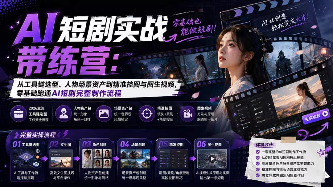 AI短剧实战训练营：从工具链选型、人物场景资产到精准控图与图生视频，零基础跑通AI短剧完整制作流程客创社区-专注互联网轻资产资源整合与分享客创社区-专注互联网轻资产资源整合与分享