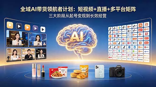 全域AI带货领航者计划：短视频+直播+多平台矩阵，三大阶段从起号变现到长效经营 《鱼见海科技》-鱼见海资源网-免费PHP网站源码模板,插件软件网创AI智能体资源分享平台！