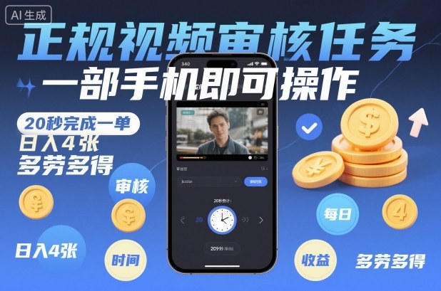 正规视频审核任务，一部手机即可操作，20秒完成一单，日入4张，多劳多得【揭秘】中赚AI网_草根零加盟费创业平台_小本副业项目推荐_抖音短视频 / AI 创业教程库项目资源网