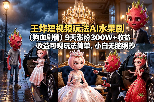 王炸短视频玩法AI水果剧(狗血剧情)9天涨粉300W+收益可观玩法简单，小白无脑照抄，详细拆解玩法客创社区-专注互联网轻资产资源整合与分享客创社区-专注互联网轻资产资源整合与分享