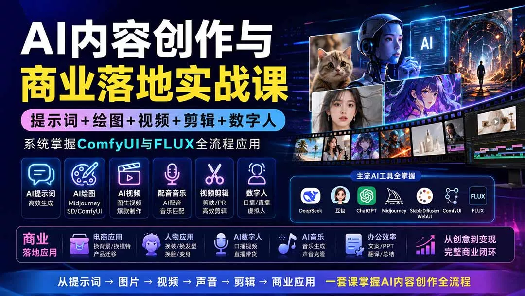 AI内容创作与商业落地实战课：提示词+绘图+视频+剪辑+数字人，系统掌握ComfyUI与FLUX全流程应用星享资源网星享资源网