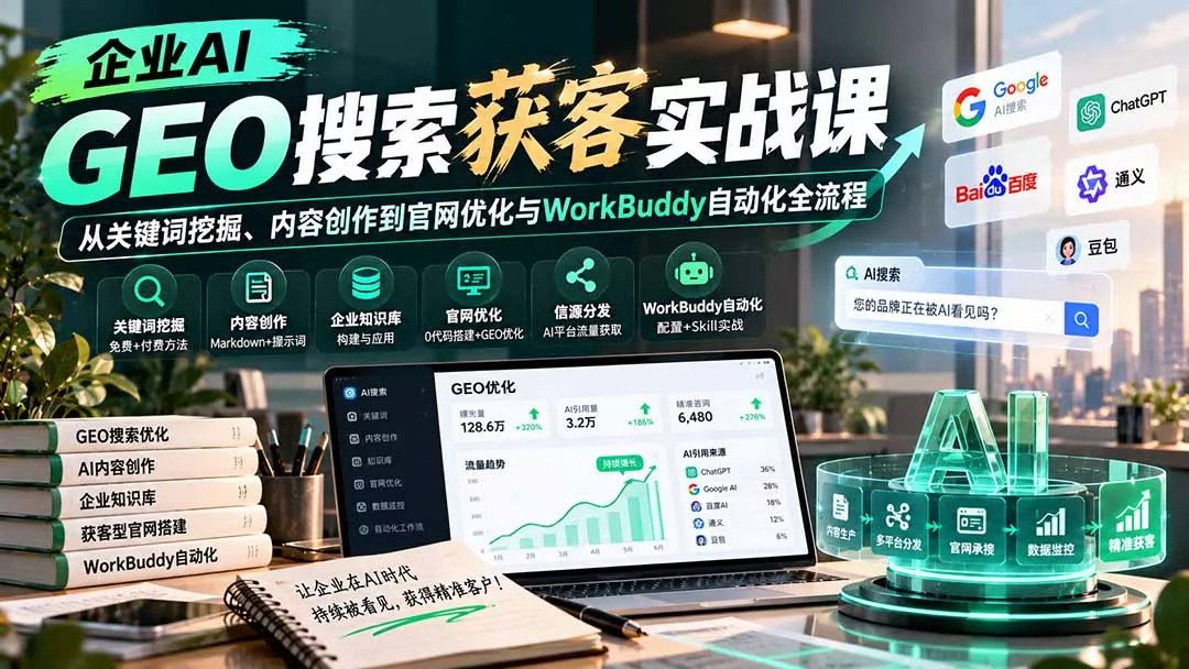 企业AI GEO搜索获客实战课：从关键词挖掘、内容创作到官网优化与WorkBuddy自动化全流程-鱼见海资源网-免费PHP网站源码模板,插件软件网创AI智能体资源分享平台！