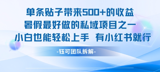 单条贴子带来5张的收益，暑假最好做的私域项目之一，小白也能轻松上手，有小红书就行-客创社 - 专注互联网轻资产创业及网络项目资源整合与分享客创社-免费且强大的项目分享网站！