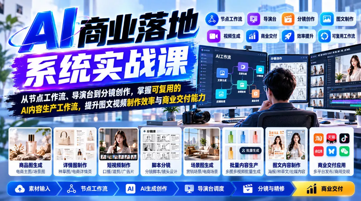 【无水印】AI商业落地系统实战课，从节点工作流、导演台到分镜创作，掌握可复用的AI内容生产工作流，提升图文视频制作效率与商业交付能力客创社区-专注互联网轻资产资源整合与分享客创社区-专注互联网轻资产资源整合与分享