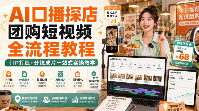 AI口播探店团购短视频全流程教程｜IP打造+分镜成片一站式实操教学星享资源网星享资源网