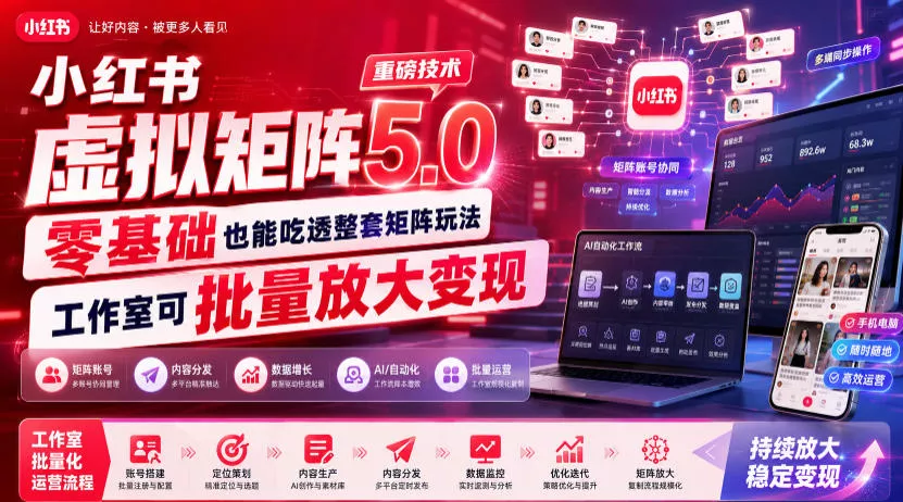 小红书虚拟矩阵5.0重磅技术，零基础也能吃透整套矩阵玩法，工作室可批量放大变现