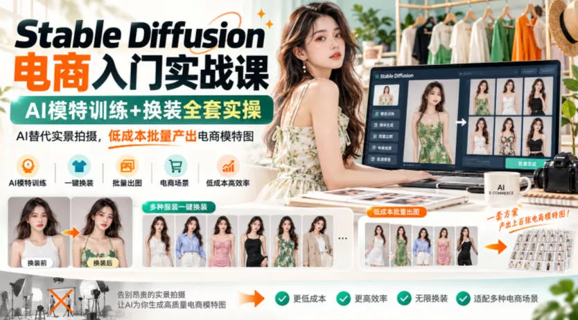 Stable Diffusion电商入门实战课，AI模特训练+换装全套实操，AI替代实景拍摄，低成本批量产出电商模特图客创社区-专注互联网轻资产资源整合与分享客创社区-专注互联网轻资产资源整合与分享