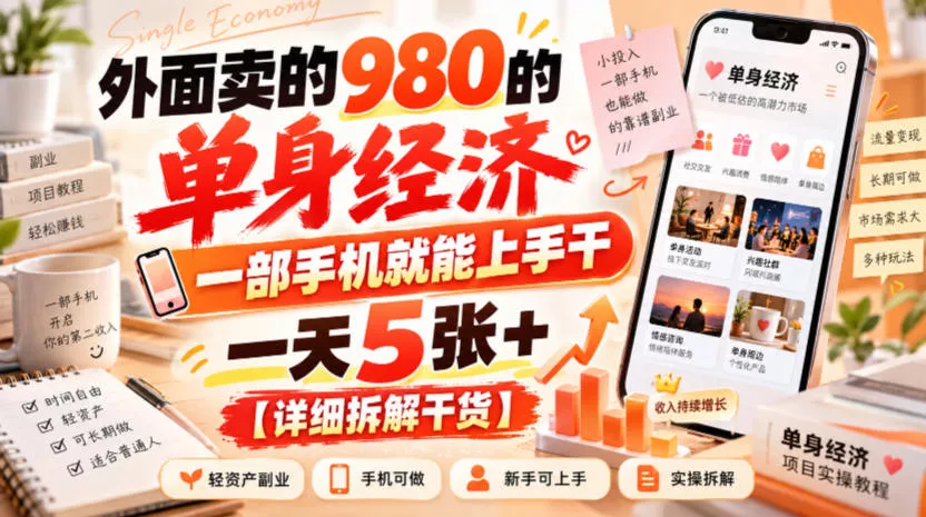 外面卖的980的单身经济，一部手机就能上手干，一天5张+【详细拆解干货】客创社区-专注互联网轻资产资源整合与分享客创社区-专注互联网轻资产资源整合与分享