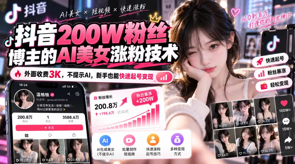 抖音200W粉丝博主的AI美女涨粉技术，外面收费3K，不提示AI，新手也能快速起号变现
