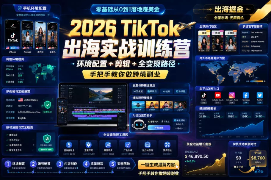 2026 TikTok出海实战训练营，环境配置 + 剪辑 + 全变现路径，手把手教你做跨境副业客创社区-专注互联网轻资产资源整合与分享客创社区-专注互联网轻资产资源整合与分享