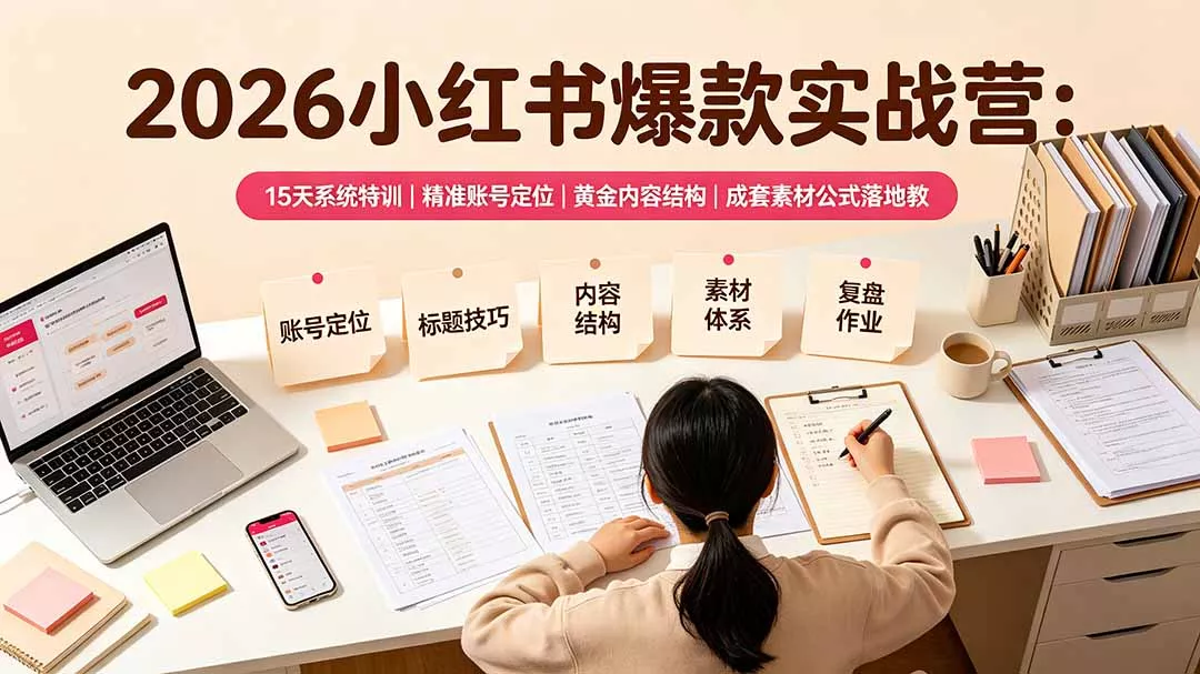 2026小红书爆款实战营：15天系统特训｜精准账号定位｜黄金内容结构｜成套素材公式落地教程-软件百科