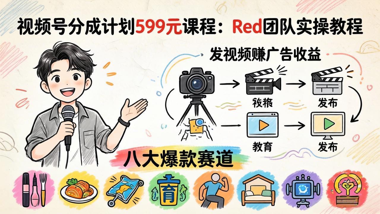 视频号分成计划599元课程：Red团队实操教程，发视频赚广告收益，八大爆款赛道全掌握客创社区-专注互联网轻资产资源整合与分享客创社区-专注互联网轻资产资源整合与分享