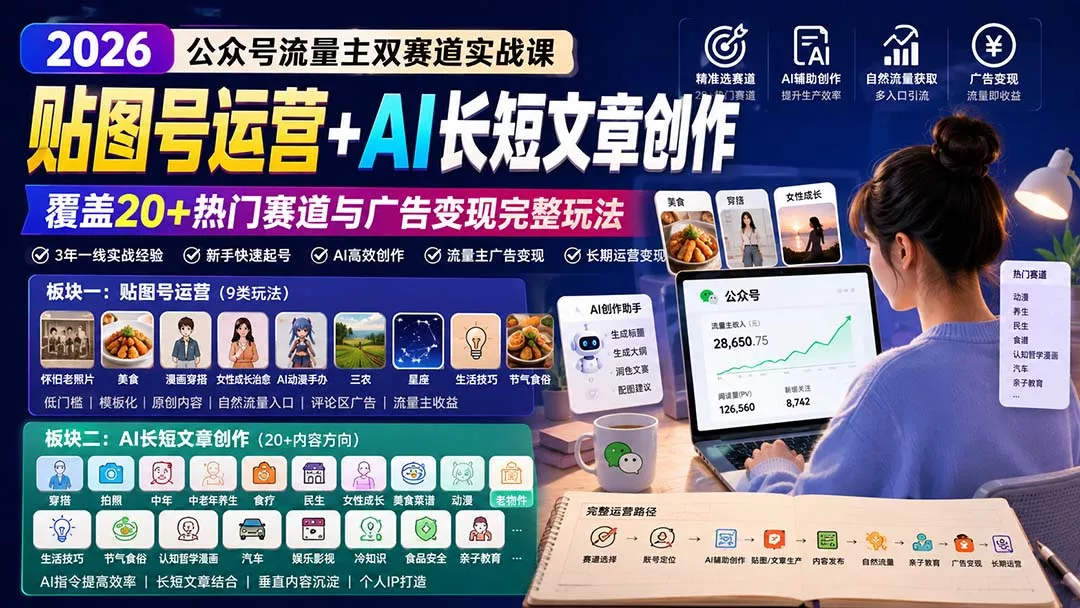 公众号流量主双赛道实战课：贴图号运营+AI长短文章创作，覆盖20+热门赛道与广告变现完整玩法客创社区-专注互联网轻资产资源整合与分享客创社区-专注互联网轻资产资源整合与分享
