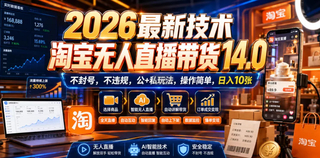 2026最新技术,淘宝无人直播带货14.0,不账号限制,不违规,公+私玩法,操作简单,日入10张【揭秘】 2026最新技术,淘宝无人直播带货14.0,不账号限制,不违规,