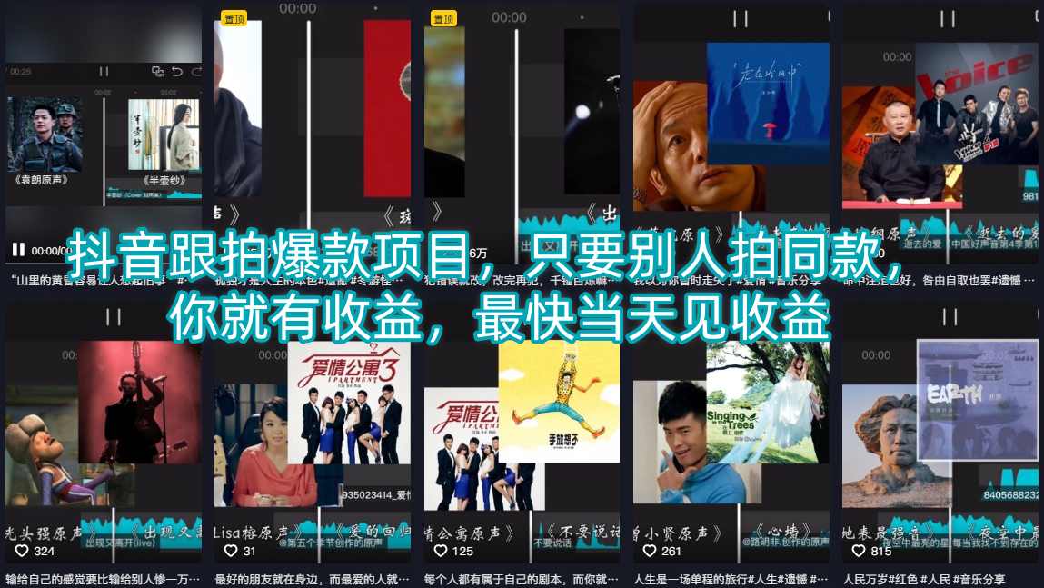 抖音跟拍爆款项目，只要别人拍同款，你就有收益，最快当天见收益-云动网创-专注网络创业项目推广与实战，致力于打造一个高质量的网络创业搞钱圈子。