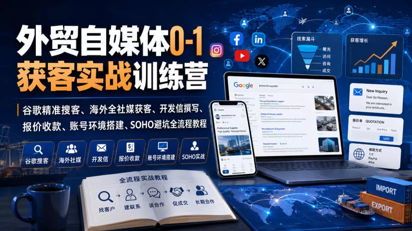 外贸自媒体0-1获客实战训练营｜谷歌精准搜客、海外全社媒获客、开发信撰写、报价收款、账号环境搭建、SOHO避坑全流程教程 《鱼见海科技》-鱼见海资源网-免费PHP网站源码模板,插件软件网创AI智能体资源分享平台！