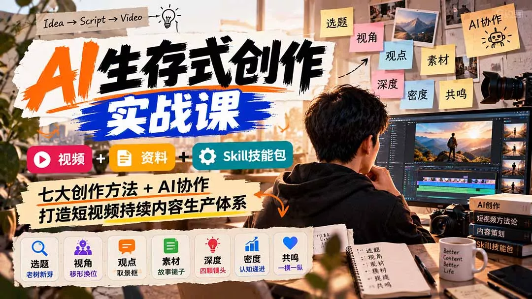 AI生存式创作实战课：视频+资料+Skill技能包，七大创作方法+AI协作，打造短视频持续内容生产体系