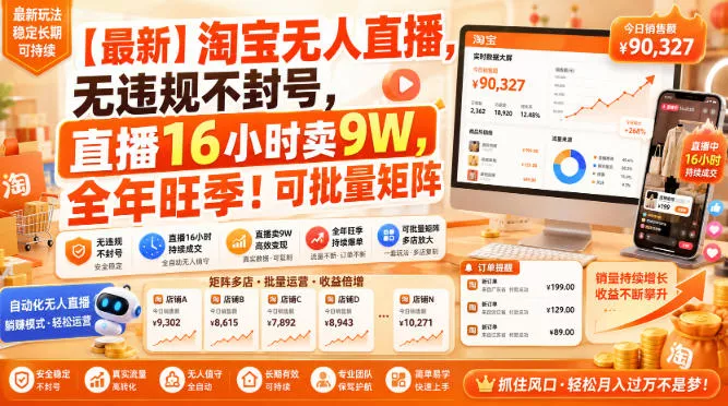 【最新】淘宝无人直播，无违规不账号限制，直播16小时卖9W，全年旺季！可批量矩阵【揭秘】 《鱼见海科技》-鱼见海资源网-免费PHP网站源码模板,插件软件网创AI智能体资源分享平台！