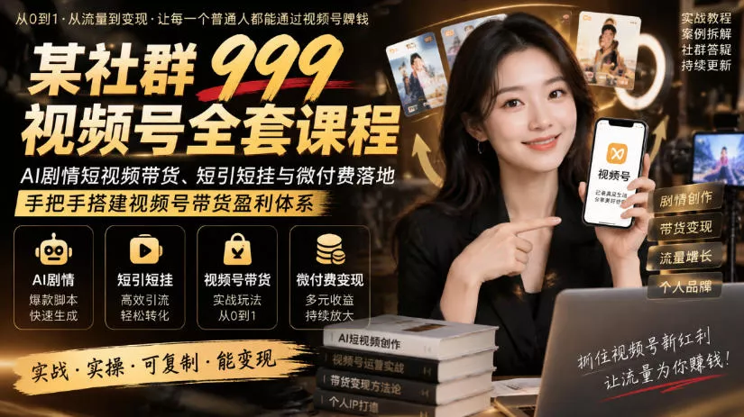 某社群999视频号全套课程，AI剧情短视频带货、短引短挂与微付费落地，手把手搭建视频号带货盈利体系 《鱼见海科技》-鱼见海资源网-免费PHP网站源码模板,插件软件网创AI智能体资源分享平台！