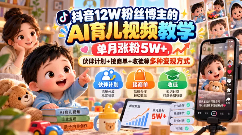 抖音12W粉丝博主的AI育儿视频教学，单月涨粉5W+，伙伴计划+接商单+收徒等多种变现方式客创社区-专注互联网轻资产资源整合与分享客创社区-专注互联网轻资产资源整合与分享