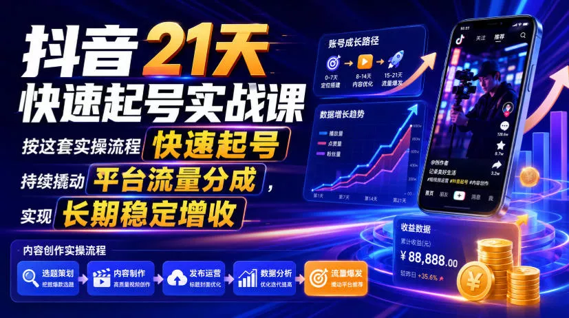抖音21天快速起号实战课,按这套实操流程快速起号,持续撬动平台流量分成,实现长期稳定增收主用 -、辅助 +中赚AI网