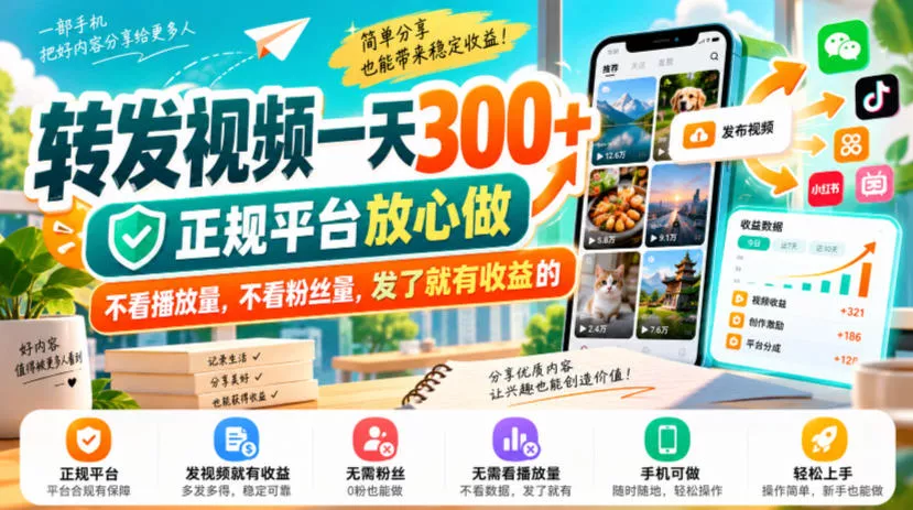 转发视频一天300+，正规平台放心做，不看播放量，不看粉丝量，发了就有收益的【揭秘】星享资源网HS游戏库