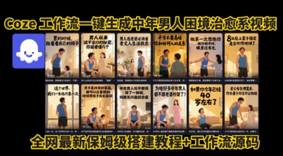 coze工作流一键生成”中年男人困境扎心高涨粉高播放量图文视频”保姆级拆解教程，无需剪辑，无需拍摄写文案-客创社 - 专注互联网轻资产创业及网络项目资源整合与分享客创社-免费且强大的项目分享网站！