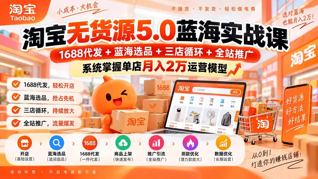 淘宝无货源5.0蓝海实战课-更新：1688代发+蓝海选品+三店循