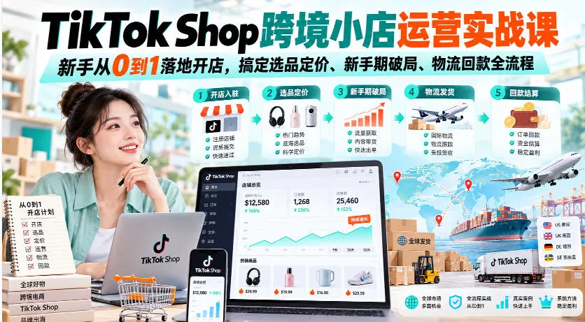 TikTok Shop跨境小店运营实战课，新手从0到1落地开店，搞定选品定价、新手期破局、物流回款全流程-鱼见海资源网-免费PHP网站源码模板,插件软件网创AI智能体资源分享平台！