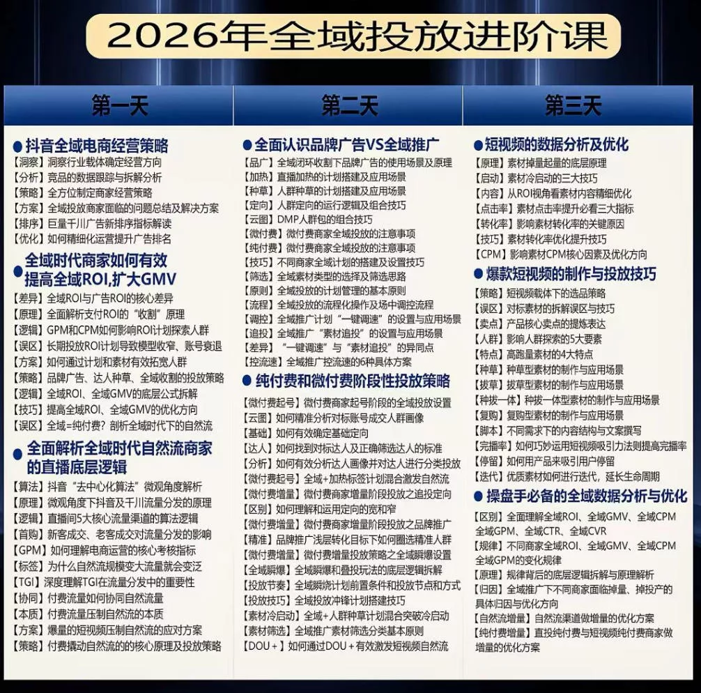 千川扫地僧2026抖音全域投放进阶课，少走弯路·快速起量·掌控增长，6月12-14号杭州线下课（更新）