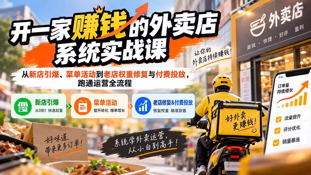 开一家赚钱的外卖店系统实战课：从新店引爆、菜单活动到老店权重修复与付费投放，跑通运营全流程 《鱼见海科技》-鱼见海资源网-免费PHP网站源码模板,插件软件网创AI智能体资源分享平台！