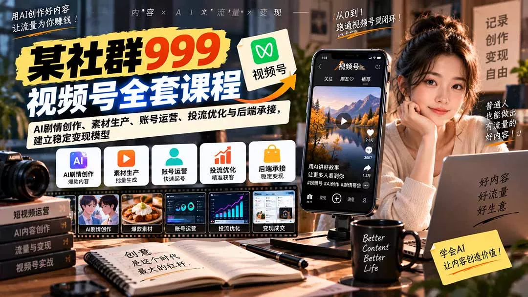 【无水印】某社群999视频号全套课程：AI剧情创作、素材生产、账