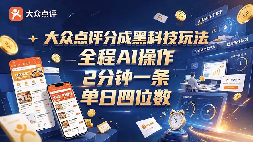 大众点评分成全网独家玩法,AI 全自动出内容,2 分钟一条,小白可冲单日四位数 大众点评分成全网独家玩法,AI 全自动出内容,2 分钟一条,小白可冲单日四位数