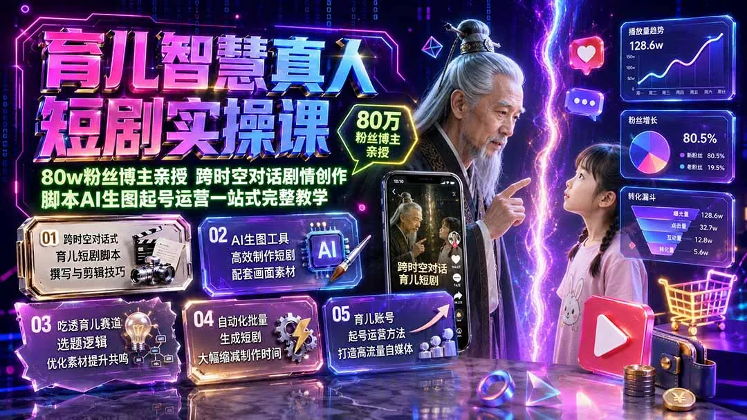 育儿智慧真人短剧实操课｜80w粉丝博主亲授，跨时空对话剧情创作，脚本AI生图起号运营一站式完整教学-软件百科