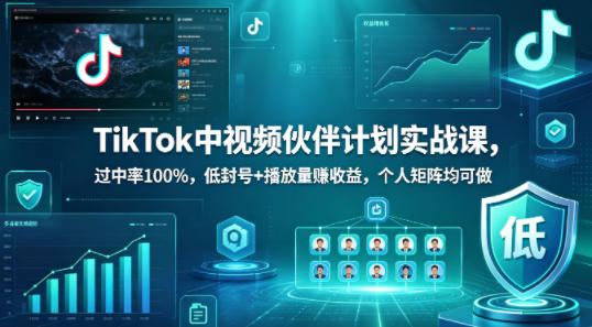 TikTok中视频伙伴计划实战课，过中率100%，低封号+播放量賺收益，个人矩阵均可做-泡泡网赚