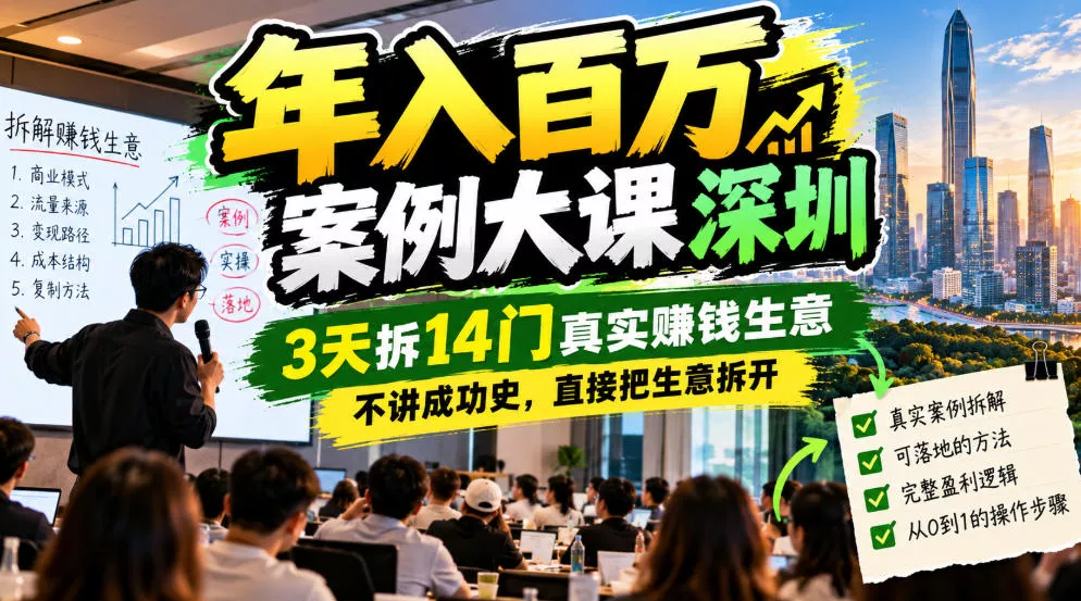 年入百W案例大课深圳，3天拆14门真实賺钱生意，不讲成功史，直接把生意拆开客创社区-专注互联网轻资产资源整合与分享客创社区-专注互联网轻资产资源整合与分享